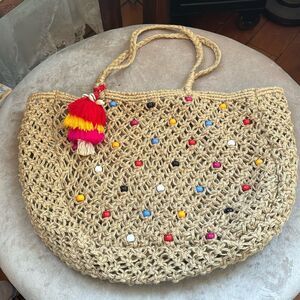 *Shiraleah* 100% JUTE Chunky Wood Beaded Jute Beach Bag Shell Tassel EUC!